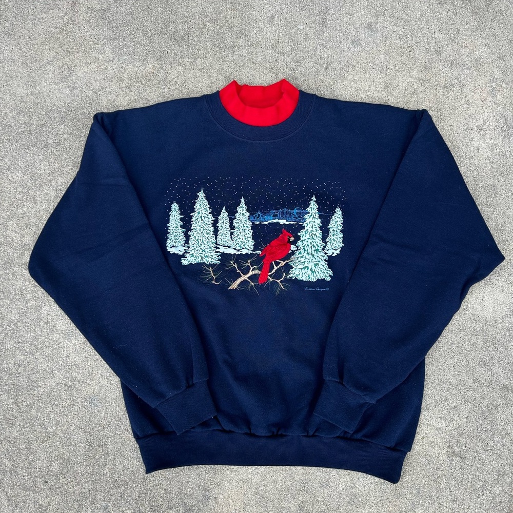Women navy and red collar Pleasant Shade winter theme grandma sweater crewneck